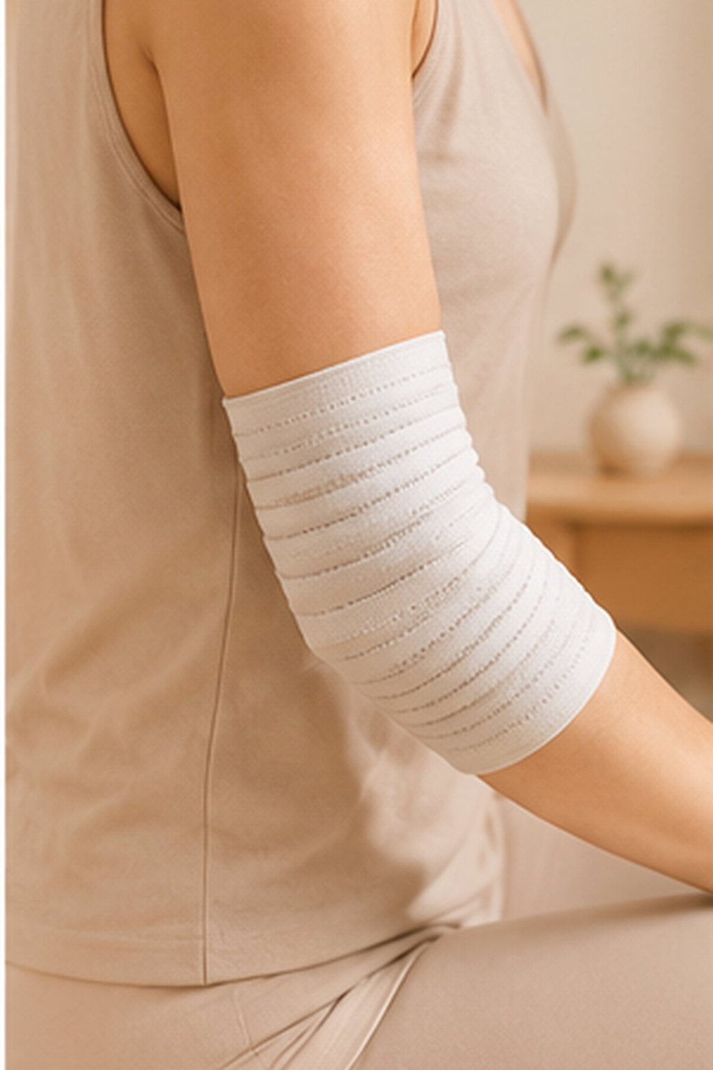 CHOSAE Compression Wrap - white, worn on the elbow