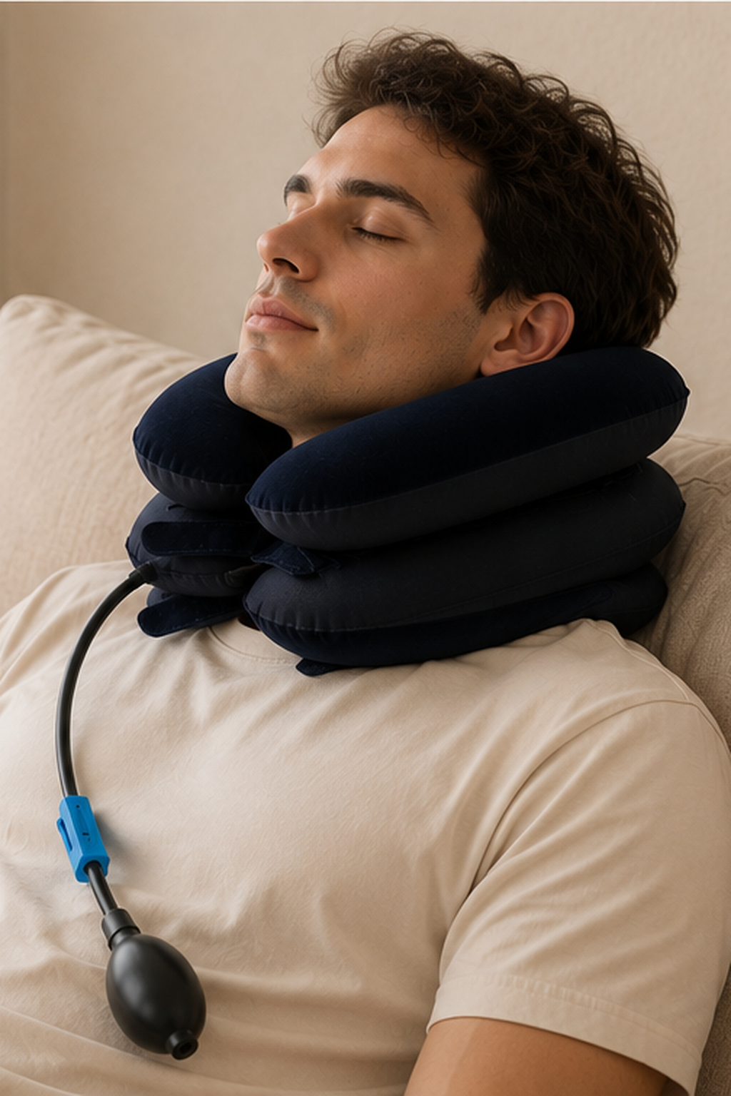 CHOSAE Inflatable Neck Support - blue, lifestyle view