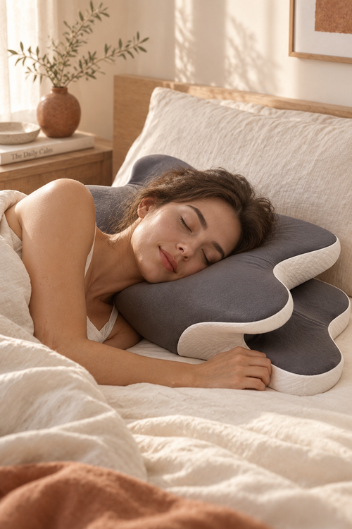 CHOSAE Contour Pillow - grey, woman sleeping on her side using the pillow